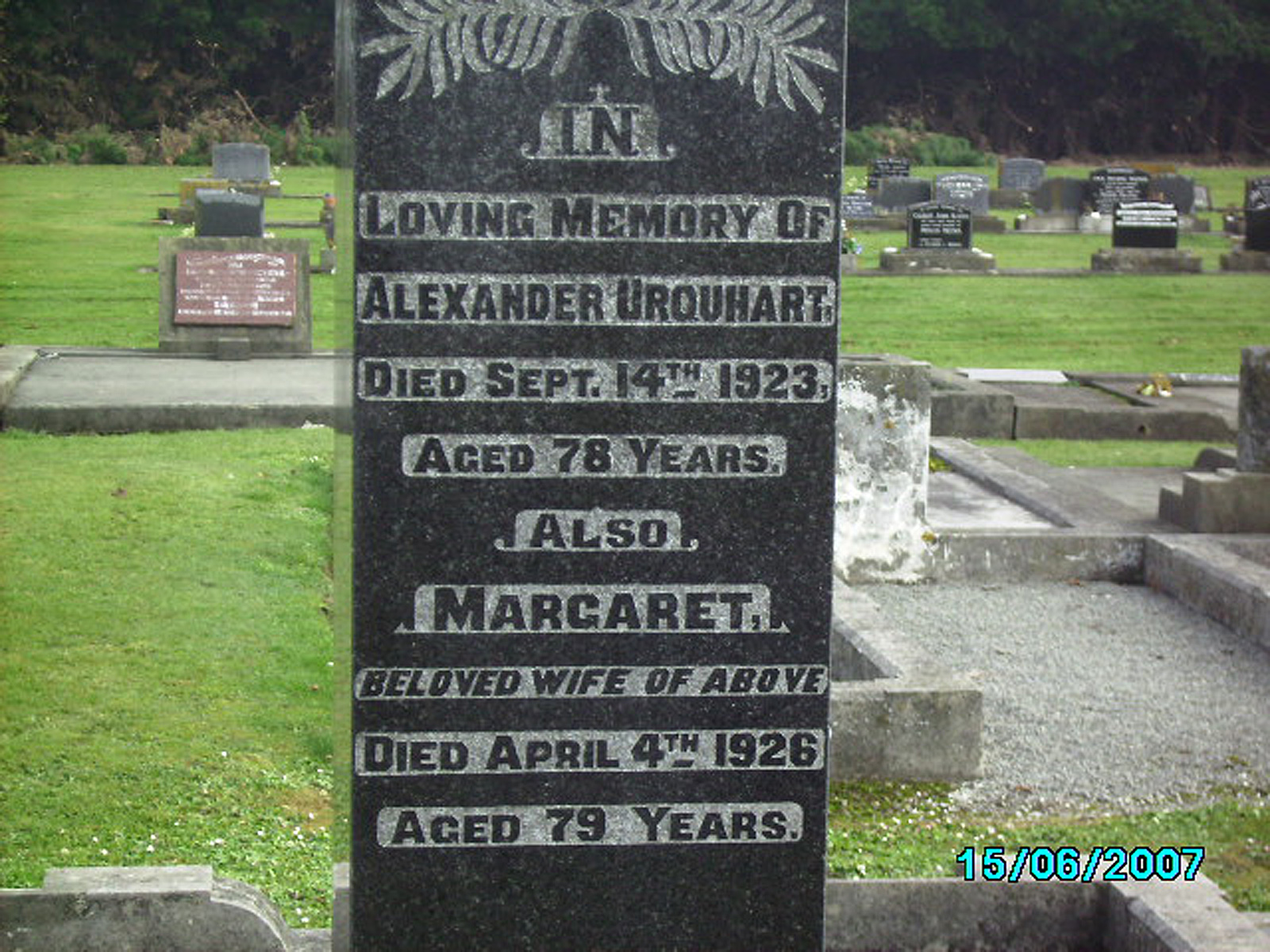Photo of headstones/Alexander Urquhart died 1923 MI Geraldine